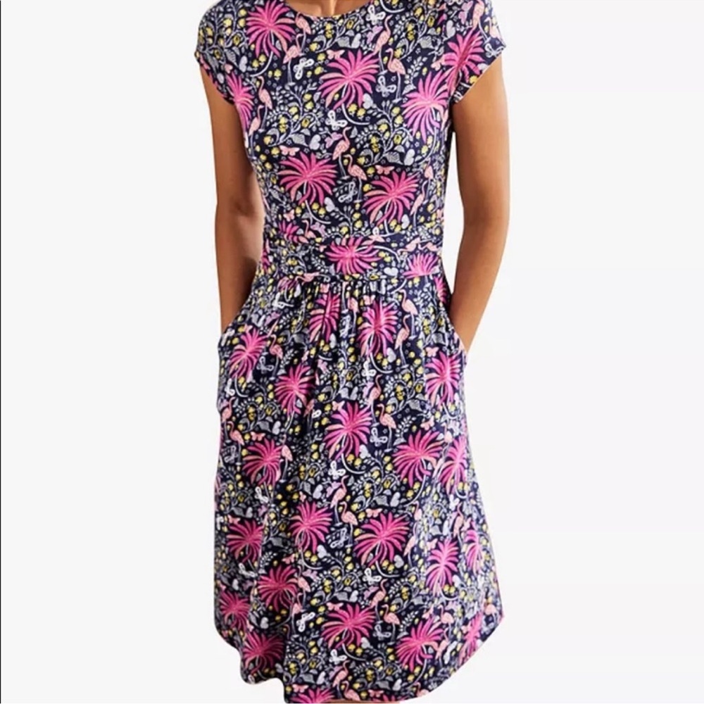 NWT Boden Amelie Jersey Dress Navy Tropical Charm Floral Bird Butterfly